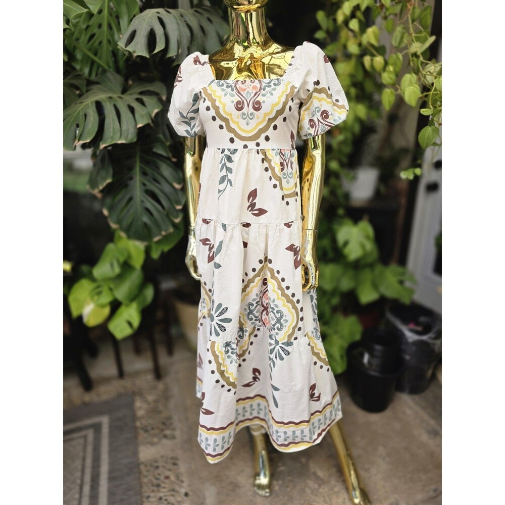 Meadow Rhodes Smocked Maxi Dress White Floral Off Shoulder Cottage Batik Boho S